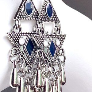 2 1/2" Southwestern Boho Triangle Geometric Blue Silver Tasseled Dangle Earrings